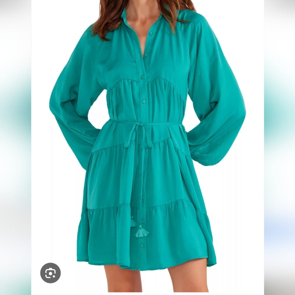 Minkpink Tiered‎ Emma Shirt Dress Green Satin Long Sleeve NWT